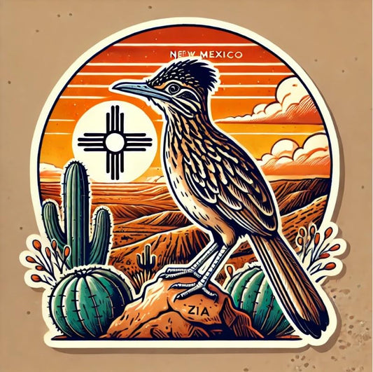 Vinyl sticker: Laptop Wall Car Window Bumper Sticker Decal Truck Waterproof Auto Water Bottle – Standing Chaparral Bird with Sunset, Zia Sky and Cactus Rock in New Mexico Desert