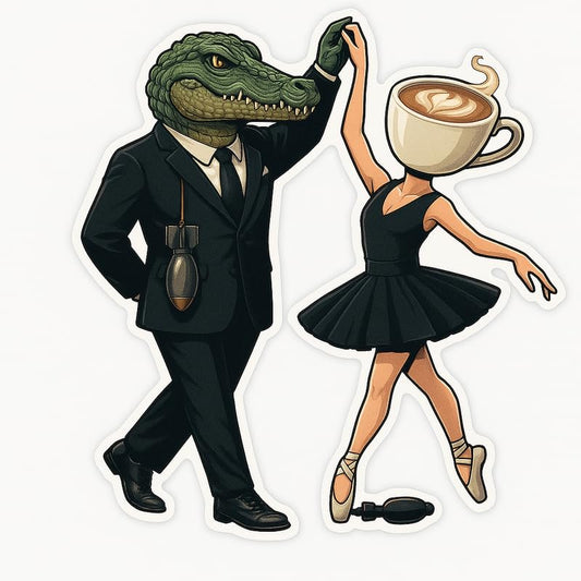 Vinyl sticker: Waterproof Bombardino Crocodilo Sticker for Laptop Wall Car Window Bumper Decal Truck Auto Water Bottle – Elegant Bombardier Crocodile and Coffee Ballerina in Black 4in