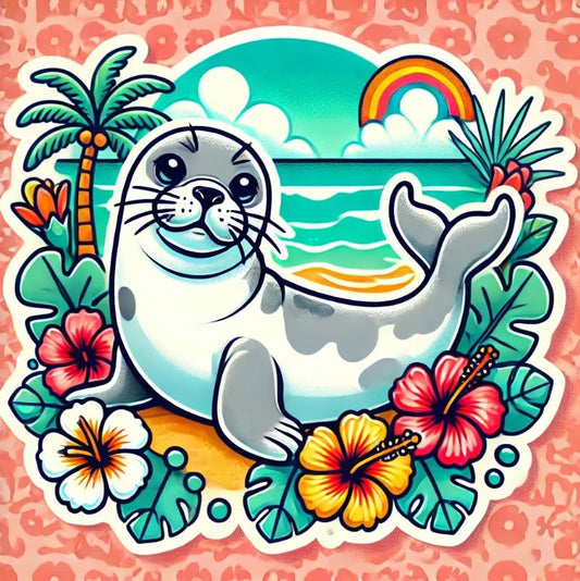 Vinyl sticker: Durable Vinyl Car Laptop Wall Window Bumper Sticker Decal of Hawaiian Monk Seal on Lava Rocks with Rainbow.