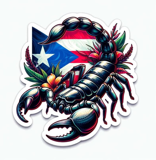 Vinyl sticker: Puerto Rican Scorpion with Flag Sticker, Realistic Tropical Animal Decal for Laptop, Car, Window, Bumper, Waterproof Truck, Water Bottle Decoration
