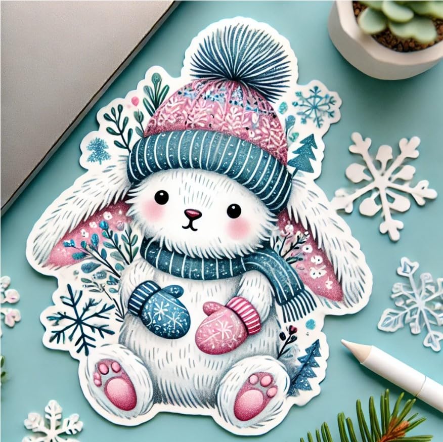 Vinyl sticker: Winter Rabbit Sticker for Laptop, Car, Wall, Window, Waterproof Decal for Bumper, Truck, and Water Bottles (4)