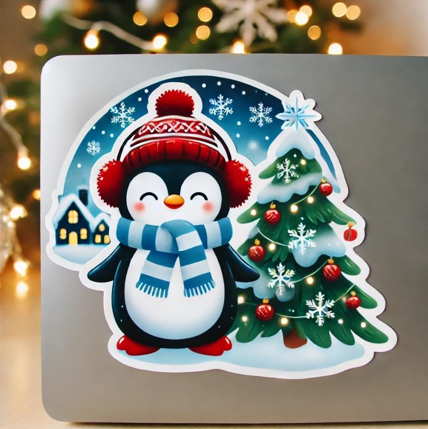 Vinyl sticker: Penguin Christmas Tree Red Earmuffs Sticker for Laptop, Car, Wall, Window, and Water Bottle | Festive Holiday Vinyl Decal