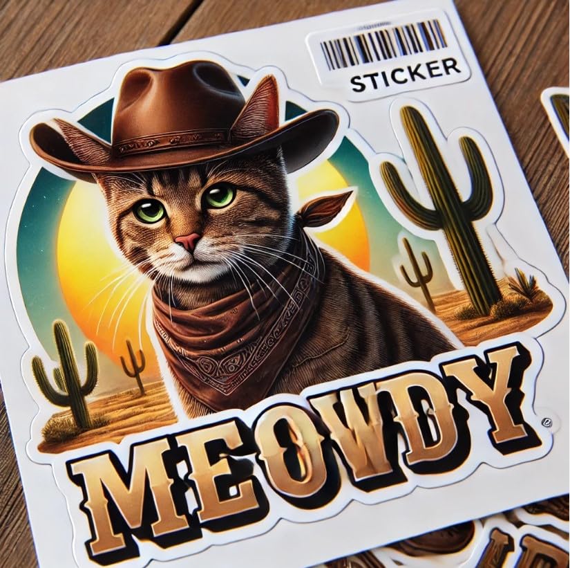 Vinyl sticker: Meowdy Cowboy Cat with Bright Sun Sticker for Laptop, Wall, Car, Window, Bumper, Truck, Waterproof Decal - Realistic Design