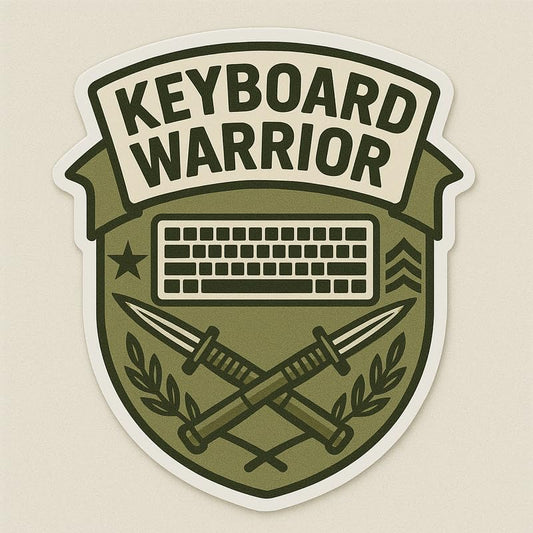 Vinyl sticker: Keyboard Warrior Laptop Wall Car Window Bumper Sticker Decal Truck Waterproof Auto Water Bottle Combat-Style Shield Emblem with Bayonets and Military Keyboard Design