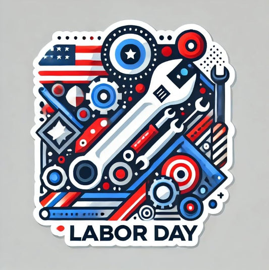 Vinyl sticker: Modern Labor Day Wall Car Window Bumper Sticker - Abstract Geometric Tools and American Flag Decal, Vinyl Waterproof for Laptop, Truck, Auto, Water Bottle