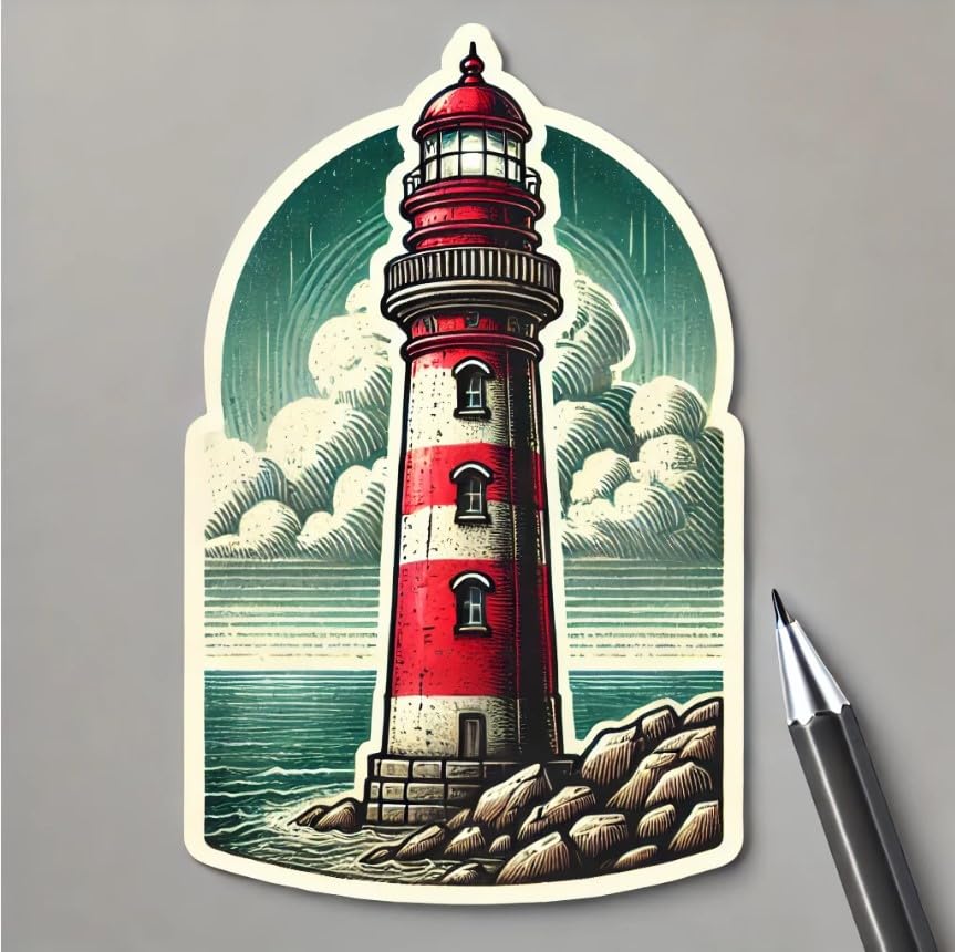 Vinyl sticker: Lighthouse Sticker for Laptop, Wall, Car, Window, and Bumper - Retro Red and Green Decal for Truck, Auto, Water Bottle - Vintage Seaside Design with Weathered Finish
