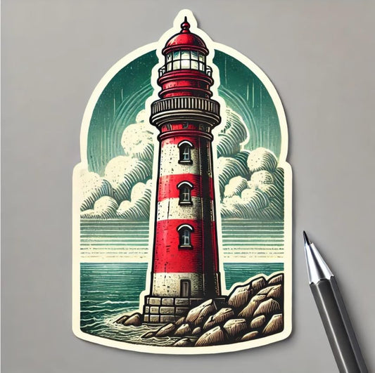 Vinyl sticker: Lighthouse Sticker for Laptop, Wall, Car, Window, and Bumper - Retro Red and Green Decal for Truck, Auto, Water Bottle - Vintage Seaside Design with Weathered Finish