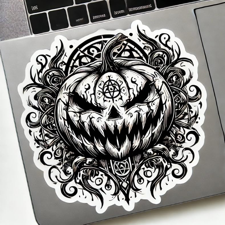 Vinyl sticker: Haunting Gothic Halloween Pumpkin Sticker for Laptop, Wall, Car, Window, Bumper, Waterproof Decal with Eerie Grin, Gothic Patterns, and Dark Vines (4)