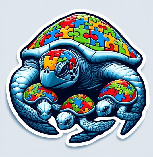 Vinyl sticker: Realistic Autism Awareness Turtle Family Puzzle Sticker with Text - Realistic Autism Spectrum Turtle Family Puzzle Car and Laptop Sticker with 'Autism' Text - Lifelike Design, Symbolic of Unity (6)