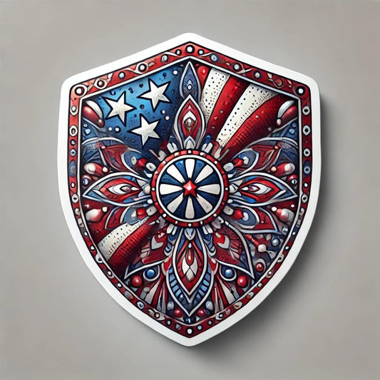 Vinyl sticker: 4th of July American Flag Shield Sticker for Laptop, Wall, Car, Window, Bumper, Water Bottle - Patriotic Decal with Mandala Center - Waterproof and Durable