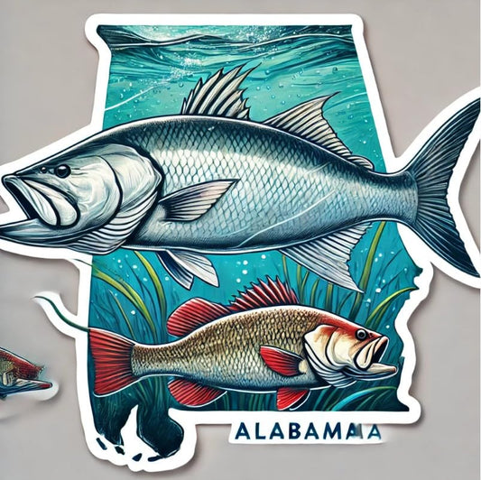 Vinyl sticker: Atlantic Tarpon and Largemouth Bass Alabama Symbol Laptop Wall Car Window Bumper Sticker Decal Waterproof Auto Water Bottle Scenic Fishing Design