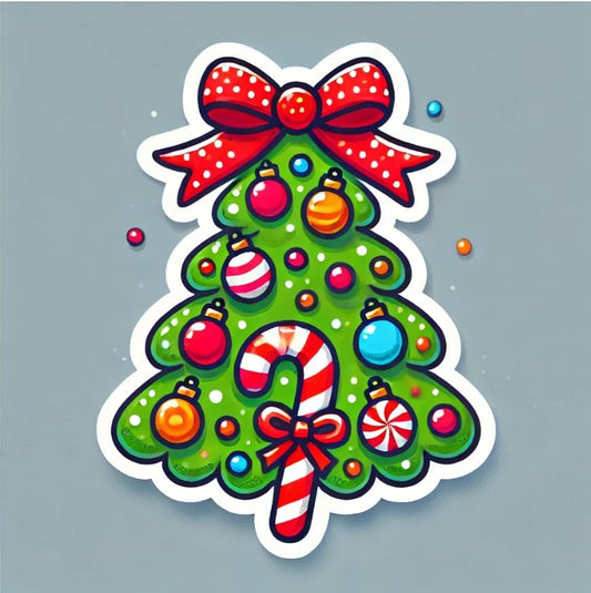 Vinyl sticker: Colorful Christmas Tree Sticker with Baubles and Candy Canes for Laptop, Wall, Car, Window, Bumper, Decal, Truck, Waterproof Auto, and Water Bottle