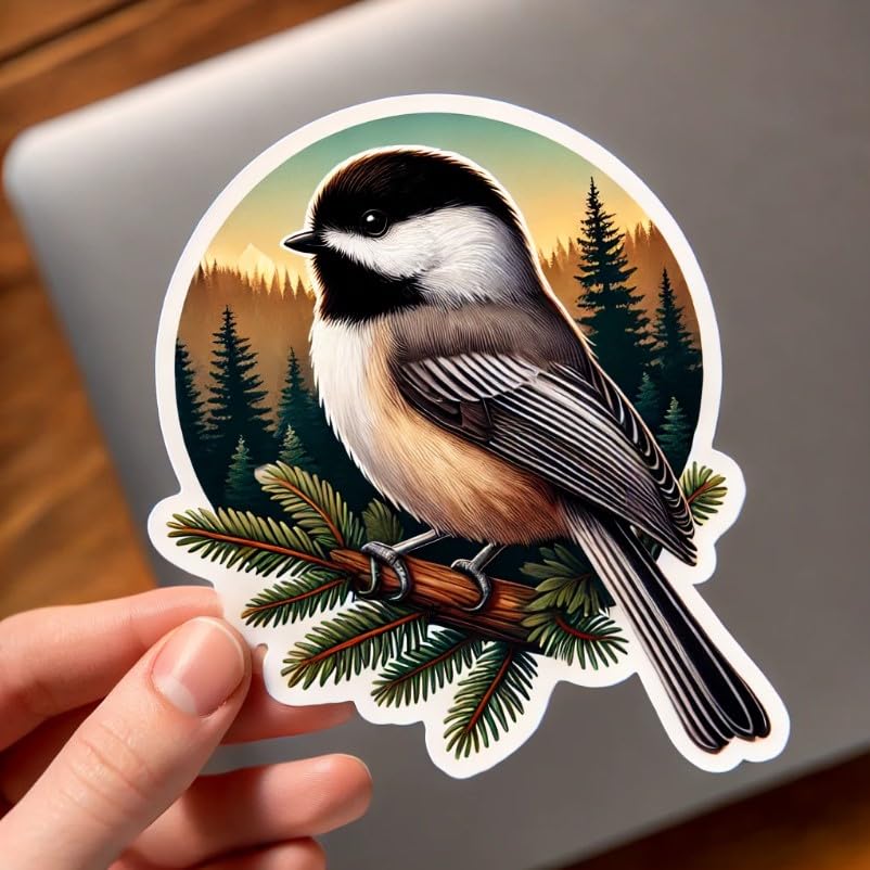 Vinyl sticker: Black-Capped Chickadee Pine Branch Sticker Laptop Car Window Bumper Decal Truck Waterproof Auto Water Bottle Bird Nature