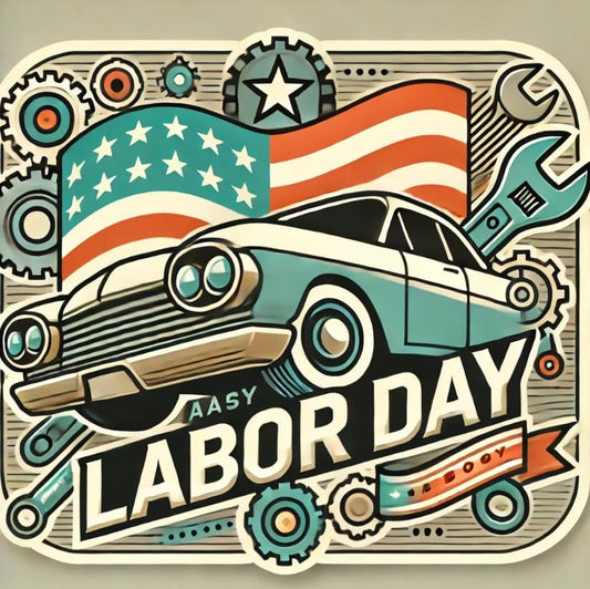 Vinyl sticker: Retro-Futuristic Labor Day Wall Car Window Bumper Sticker - Vintage Geometric Tools and Abstract American Flag Decal, Vinyl Waterproof for Laptop, Truck, Auto, Water Bottle