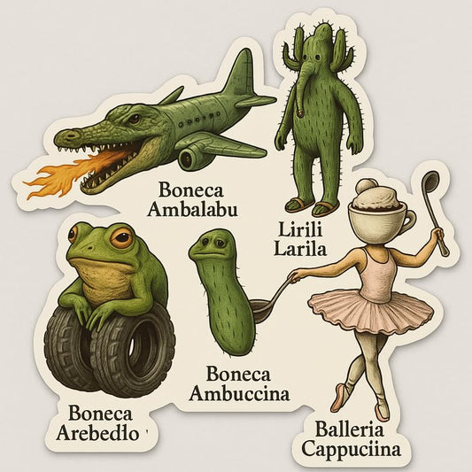 Vinyl sticker: Italian Brainrot AI Characters Sticker – Waterproof Vinyl Decal for Laptop, Car, Window, Bumper, Wall – Surreal Meme Creatures Like Boneca Ambalabu, Lirili Larila, Ambuccina