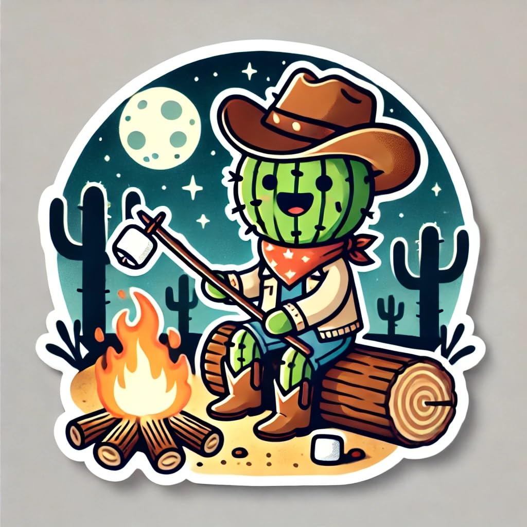 Vinyl sticker: Cowboy Cactus Sticker with Campfire for Laptop, Wall, Car, Window, Bumper, Truck, Waterproof Vinyl Decal for Water Bottle