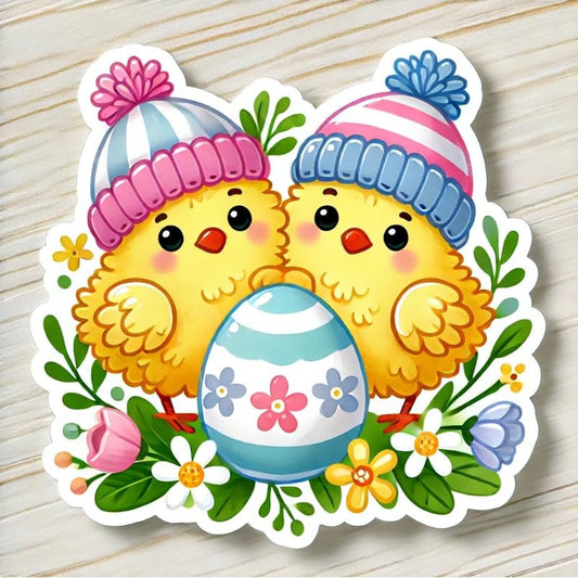Vinyl sticker: Cute Easter Chicks Sticker for Laptop, Wall, Car, Window, Bumper, Decal, Truck, Waterproof, Auto, Water Bottle – Fluffy Baby Birds with Hats and Decorated Egg
