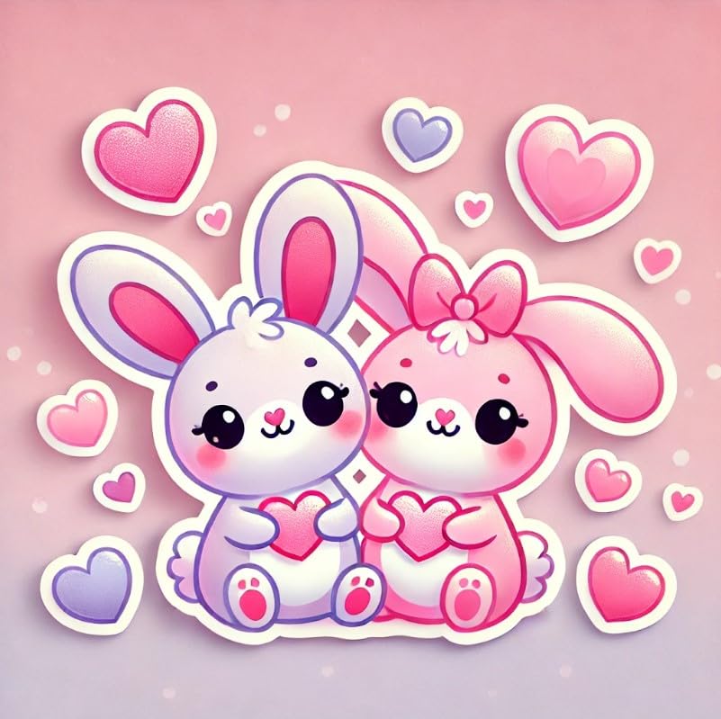 Vinyl sticker: Cute Pink Bunny Couple with Floating Hearts Valentine's Day Sticker for Car Window, Laptop, Bumper, Waterproof Decal for Truck, Auto, Water Bottle Decoration,