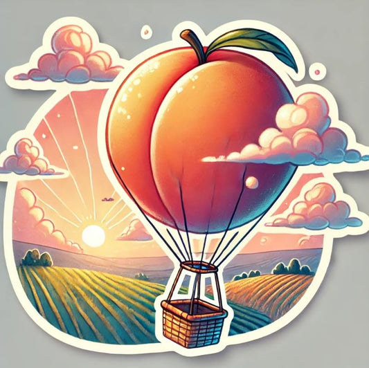 Vinyl sticker: Laptop Wall Car Window Bumper Sticker Waterproof Auto Water Bottle Decal Truck – Georgia Peach Hot Air Balloon Flying Over Fields Dreamy Surreal Fruit Travel Design