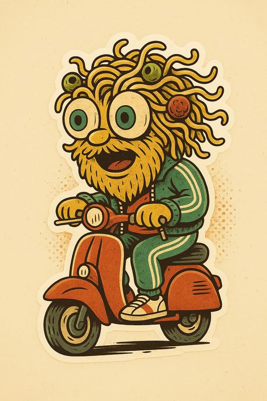 Vinyl sticker: Laptop Wall Car Window Bumper Sticker Decal Truck Waterproof Auto Water Bottle BUNGOLETTI SPAGHETTINI Retro Style Funny Spaghetti Scooter Rider with Olives Noodle Hair and Comic Italian Look