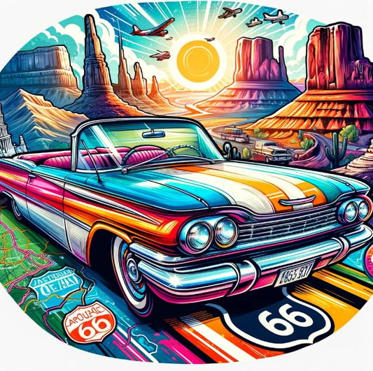 Vinyl sticker: Great American Road Trip Sticker – Classic Convertible Adventure on Route 66