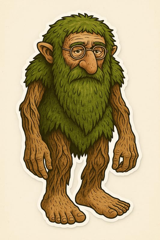 Vinyl sticker: Laptop Wall Car Window Bumper Sticker Decal Truck Waterproof Auto Water Bottle BRR BRR TARFLEM Whimsical Forest Troll with Glasses Moss Beard Tree Bark Arms Vintage Fantasy Style