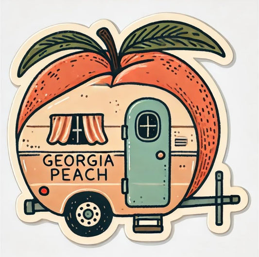 Vinyl sticker: Laptop Wall Car Window Bumper Sticker Waterproof Auto Water Bottle Decal Truck – Georgia Peach as Vintage Camper Travel Trailer Whimsical Road Trip Fruit Design