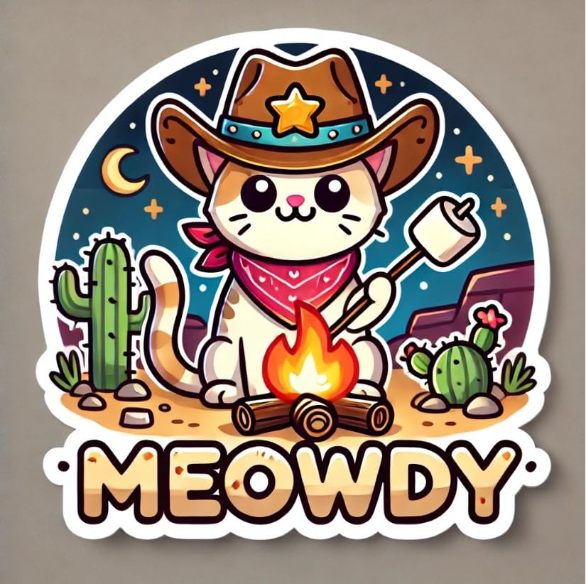 Vinyl sticker: Meowdy Cowboy Cat Roasting Marshmallows Sticker for Laptop, Wall, Car, Window, Bumper, Truck, Waterproof Decal (4)