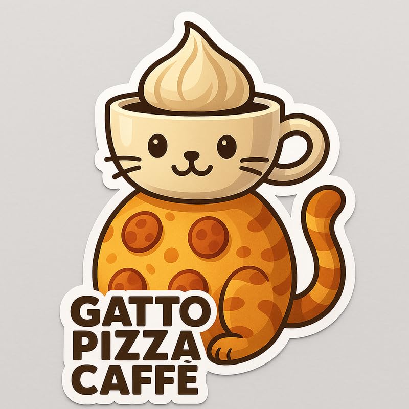 Vinyl sticker: Laptop Wall Car Window Bumper Waterproof Sticker Decal Truck Auto Water Bottle with Funny Gatto Pizza Caffè Cat Design Text