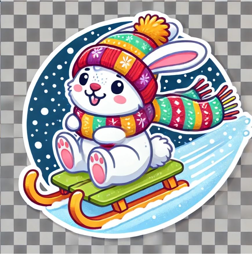 Vinyl sticker: Lively Winter Rabbit Wall Laptop Car Window Bumper Sticker Decal – Waterproof Vinyl Rabbit Sledding for Water Bottles and Auto Use