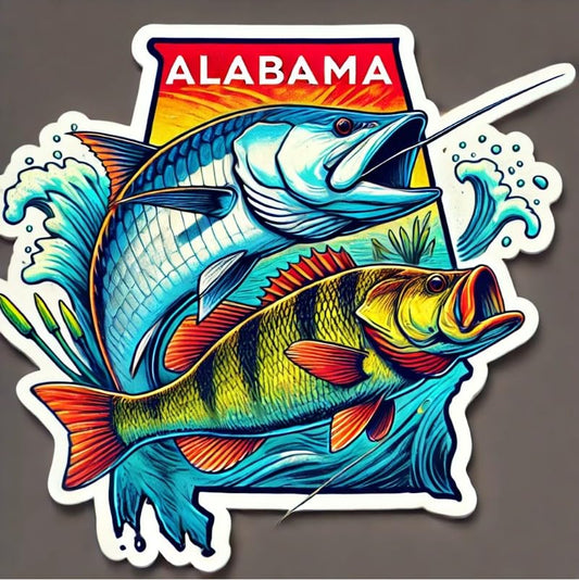 Vinyl sticker: Atlantic Tarpon and Largemouth Bass Alabama Fishing Symbol Laptop Wall Car Window Bumper Sticker Decal Waterproof Auto Water Bottle Aquatic Design