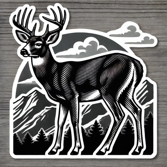 Vinyl sticker: White-Tailed Deer Silhouette with Mountains – Sticker Decal for Laptop, Wall, Car, Window, Bumper, Truck, Waterproof, Auto, Water Bottle (4)