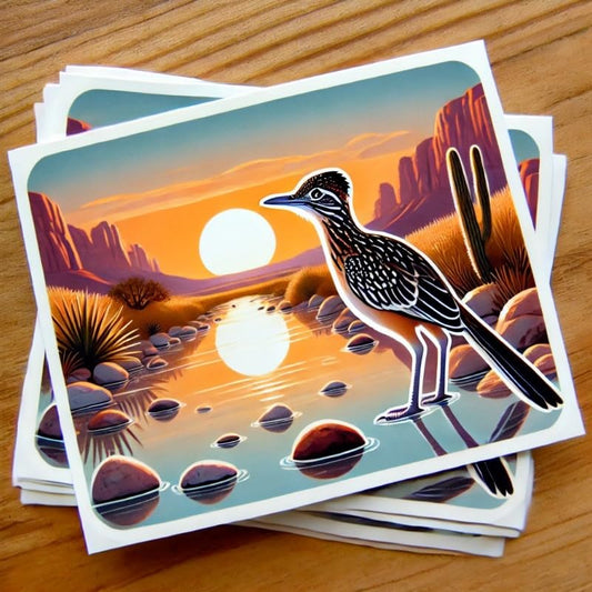 Vinyl sticker: Laptop Wall Car Window Bumper Sticker Decal Truck Waterproof Auto Water Bottle – Sunrise Chaparral Bird by Desert Riverbed with Zia Sun and Morning Reflections