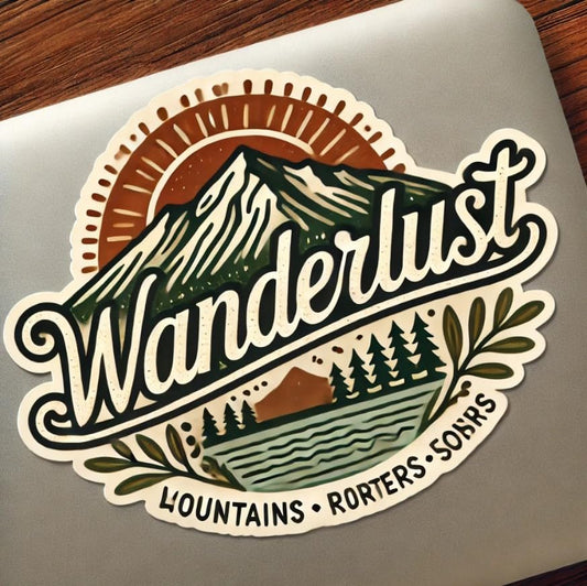 Vinyl sticker: Wanderlust Sticker – Adventure-Ready Decal with Mountains & Sun Design for Car, Laptop, Water Bottle, Window, Truck, Bumper