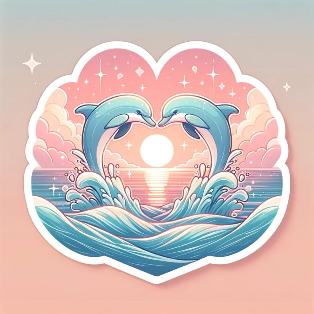 Vinyl sticker: Laptop Wall Car Window Bumper Sticker Decal Truck Waterproof Auto Water Bottle – Two Dolphins Forming Heart Shape Over Ocean at Sunset in Romantic Pastel Design with Sparkling Waves