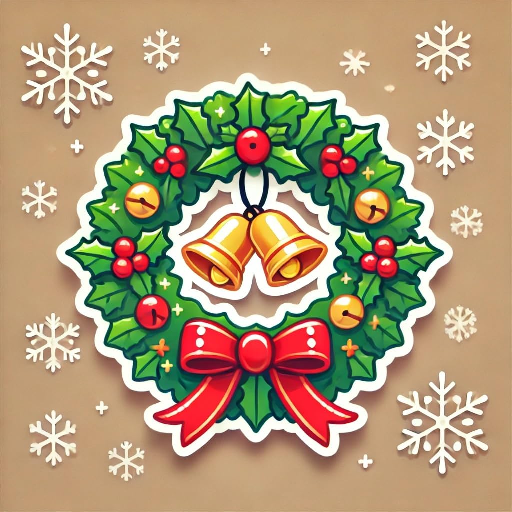 Vinyl sticker: Cheerful Waterproof Vinyl Sticker Decal for Laptop, Wall, Car, Window, Bumper, and Water Bottle Featuring Christmas Wreath and Bells