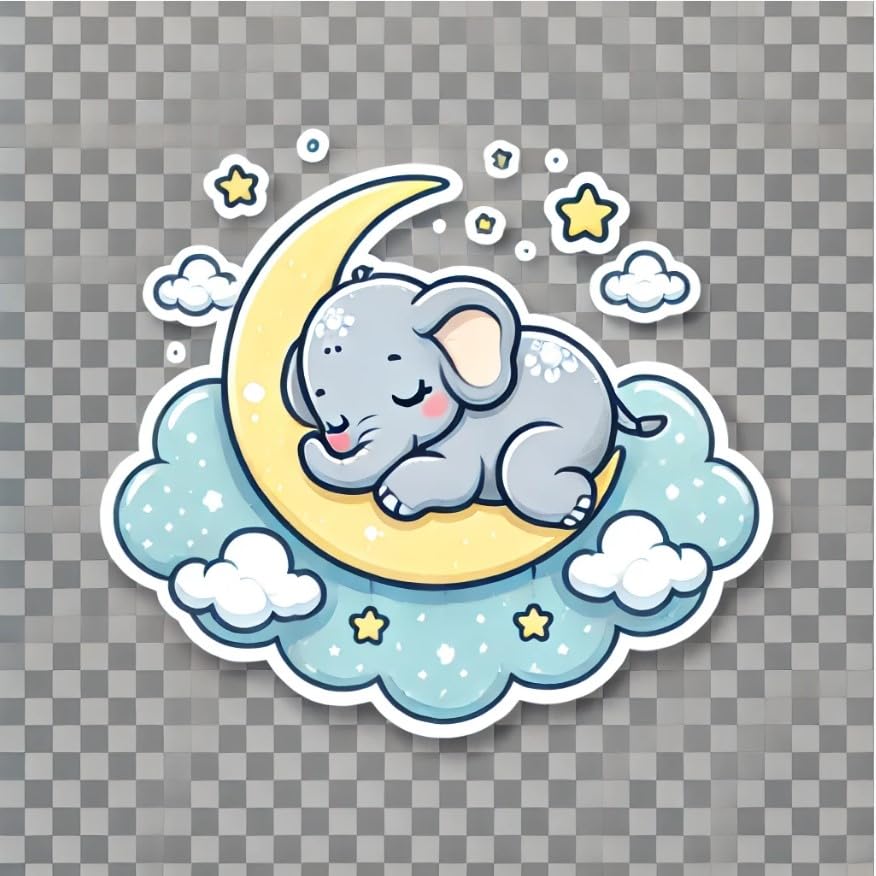 Vinyl sticker: Peaceful Baby Elephant Wall Laptop Car Window Bumper Sticker Decal – Waterproof Vinyl Elephant Sleeping on Moon for Water Bottles