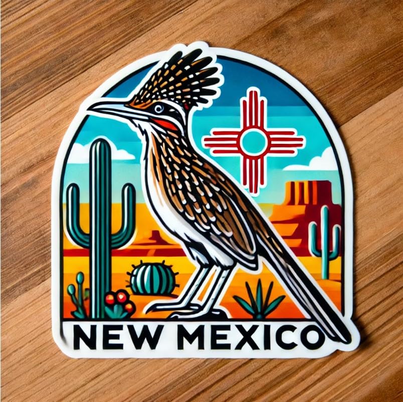 Vinyl sticker: Laptop Wall Car Window Bumper Sticker Decal Truck Waterproof Auto Water Bottle – Standing Greater Roadrunner on New Mexico Red Rock with Cactus and Zia Symbol