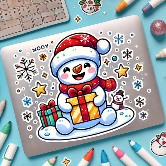 Vinyl sticker: Festive Snowman Santa Hat Christmas Sticker for Laptop, Car, Wall, Window, and Water Bottle | Gift-Ready Vinyl Decal (6)