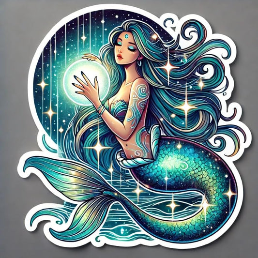 Vinyl sticker: Mystical Mermaid Laptop Wall Car Window Bumper Sticker Decal - Teal Turquoise Scales, Moonlit Ocean, Night Sky, Waterproof, Auto, Water Bottle Decor