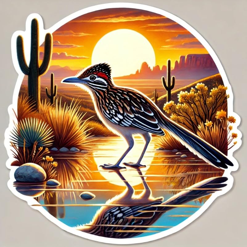 Vinyl sticker: Laptop Wall Car Window Bumper Sticker Decal Truck Waterproof Auto Water Bottle – Sunrise Chaparral Bird on Cactus with Zia Sun and Blooming Desert Flowers (4)
