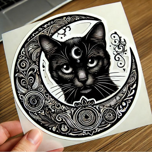 Vinyl sticker: Gothic Black Cat Halloween Sticker for Laptop, Wall, Car, Window, Bumper, Waterproof Decal with Dark Eyes, Gothic Patterns, and Crescent Moon (4)