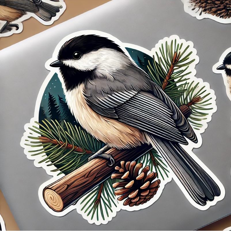 Vinyl sticker: Black-Capped Chickadee Forest Sticker Laptop Car Window Bumper Decal Truck Waterproof Auto Water Bottle Nature Art