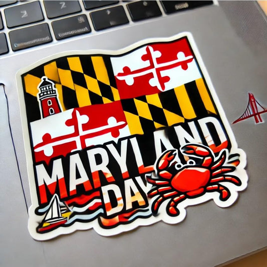 Vinyl sticker: Maryland Day Laptop Wall Car Window Bumper Sticker Decal Truck Waterproof Auto Water Bottle with Blue Crab and Maryland Flag Design