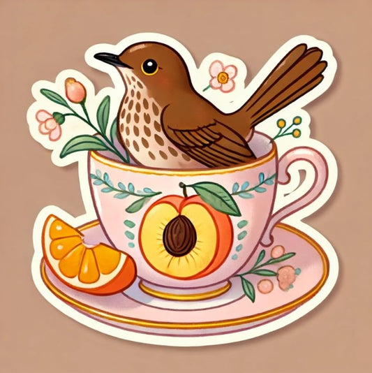 Vinyl sticker: Wall Laptop Car Window Bumper Sticker Waterproof Auto Water Bottle Decal Truck – Brown Thrasher Bird in Teacup with Peach Slice Cozy Georgia Cottagecore Design