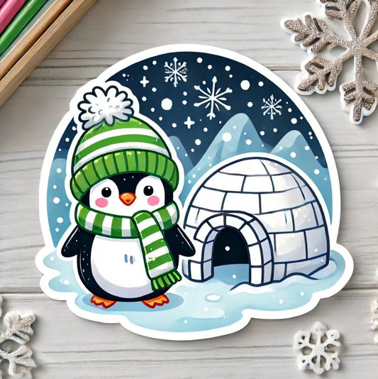 Vinyl sticker: Penguin Igloo Snowy Landscape Sticker for Laptop, Car, Wall, Window, and Water Bottle | Festive Holiday Vinyl Decal
