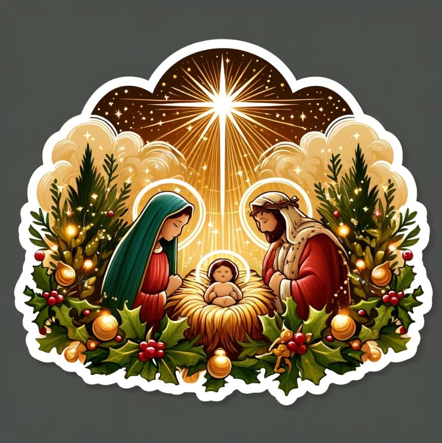 Vinyl sticker: Holy Family and Animals in Manger Scene, Waterproof Laptop and Car Sticker