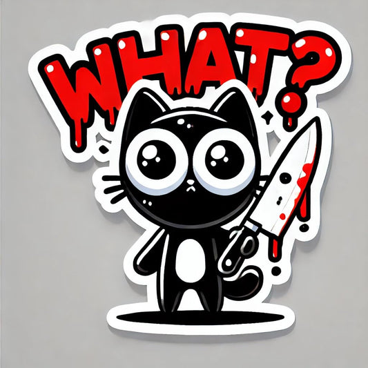 Vinyl sticker: Humorous Black Cat with Knife Sticker - Waterproof Vinyl Decal for Laptop, Wall, Car, Window, Bumper, Truck, and Water Bottle