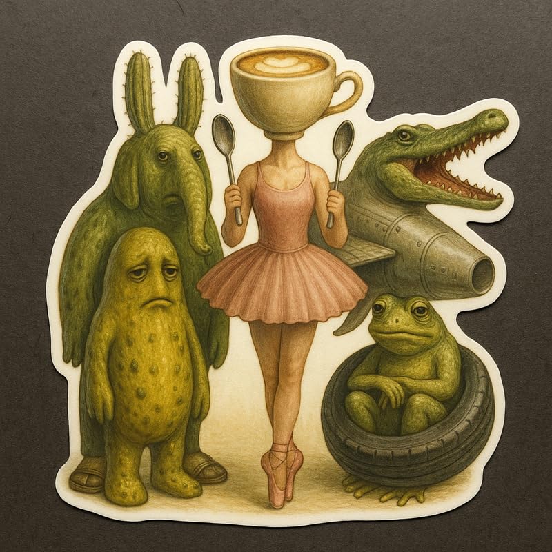 Vinyl sticker: Ballerina Cappuccina & Friends Sticker – Italian Brainrot Vinyl Decal for Laptop, Car, Bumper, Wall, Water Bottle, Window, Auto – AI Meme Art with Croco Jet, Frog