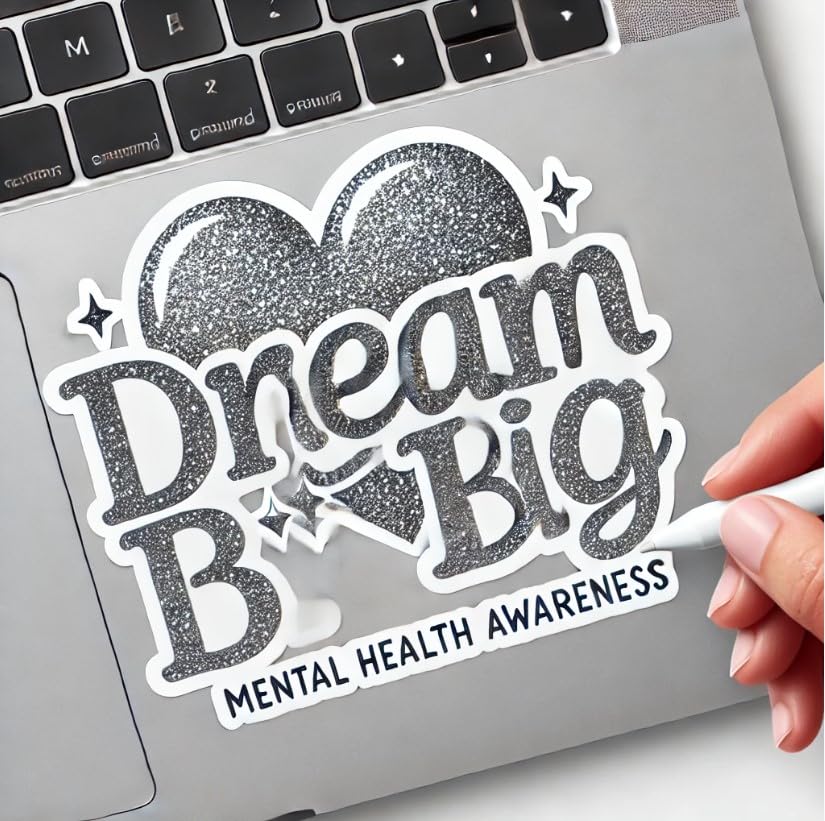Vinyl sticker: "Dream Big" Silver Glitter Heart Sticker Decal for Laptop, Wall, Car, Window, Bumper, Truck, Waterproof Auto, and Water Bottle – Motivational Mental Health Awareness Design. (6)